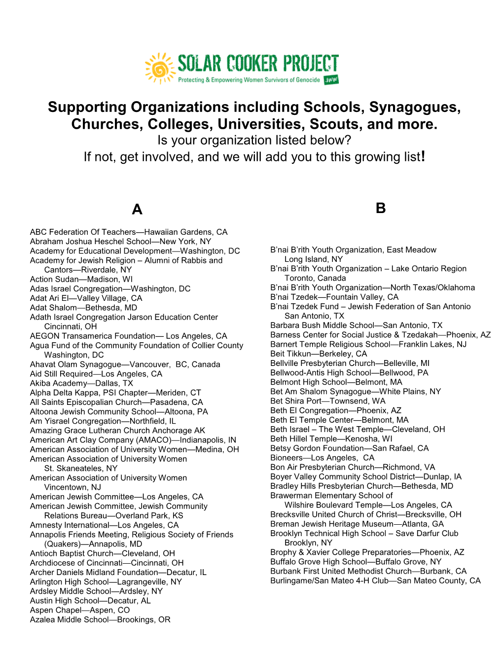 Supporting Organizations Including Schools, Synagogues, Churches, Colleges, Universities, Scouts, and More