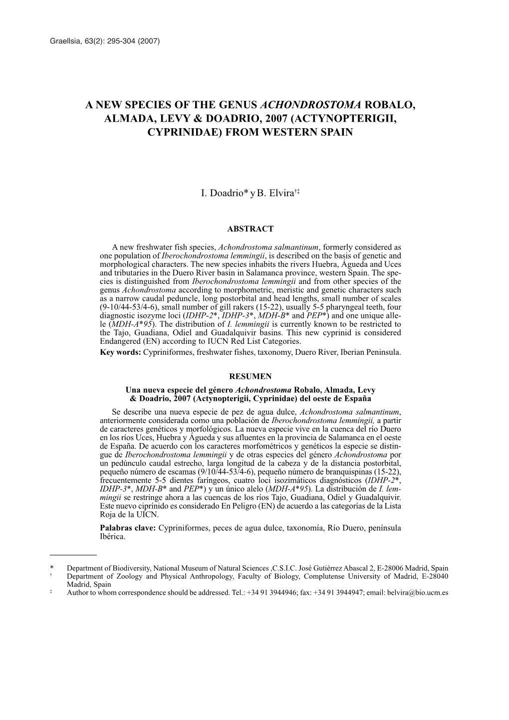 A New Species of the Genus Achondrostoma Robalo, Almada, Levy & Doadrio, 2007 (Actynopterigii, Cyprinidae) from Western Spain