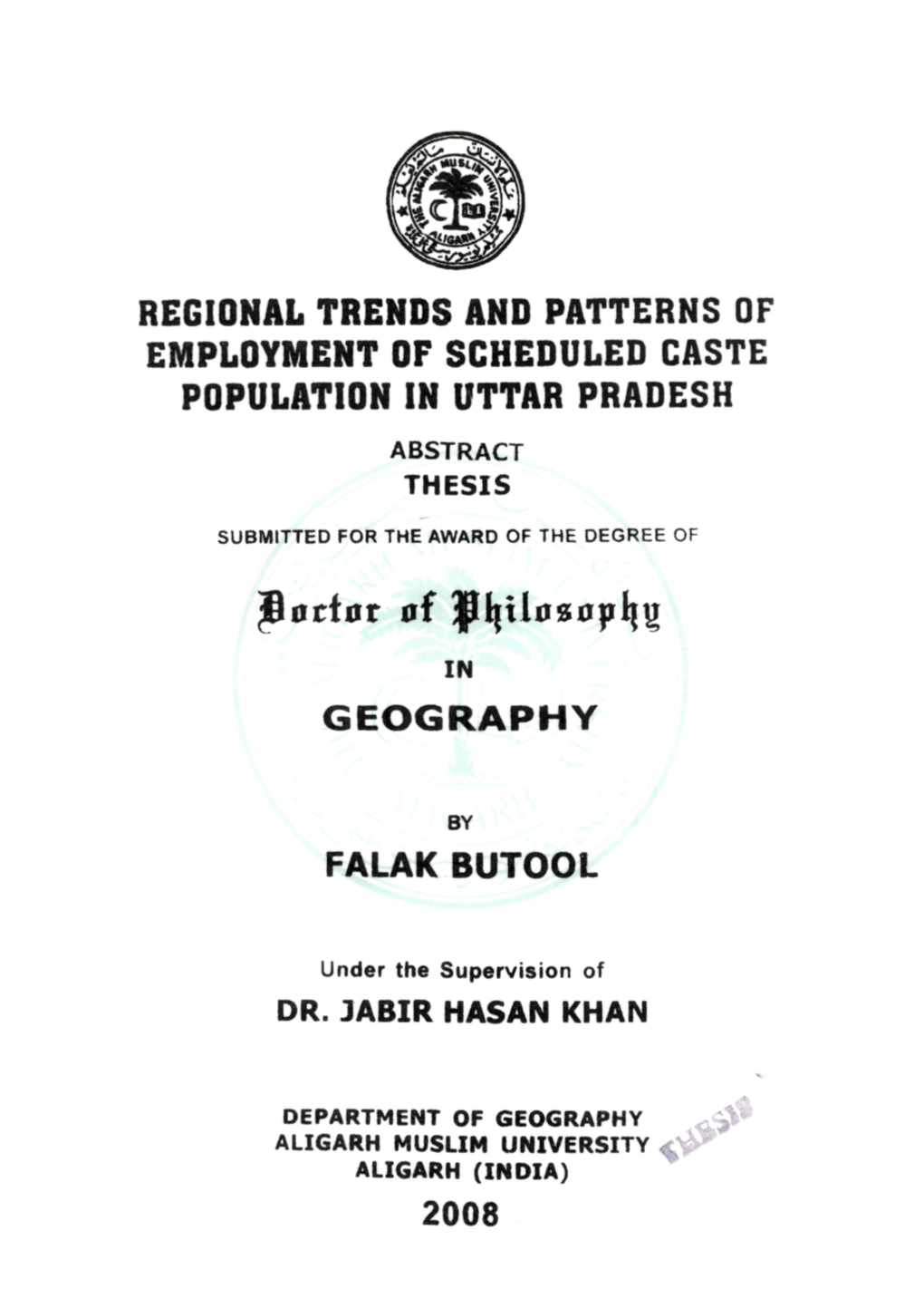 Regional Trends and Patterns of Employment of Scheduled Caste Population in Uttar Pradesh Abstract Thesis