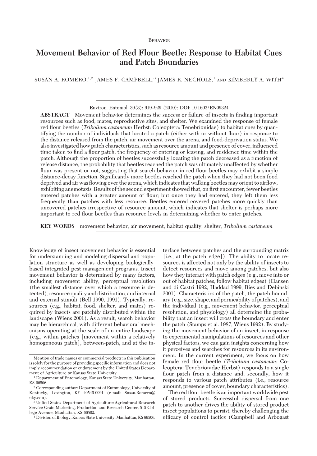 Movement Behavior of Red Flour Beetle: Response to Habitat Cues and Patch Boundaries