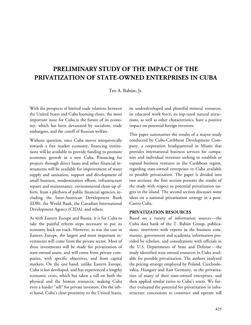 Preliminary Study of the Impact of the Privatization of State-Owned Enterprises in Cuba