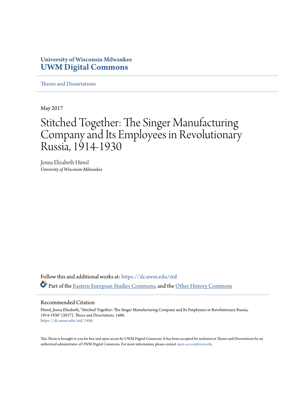 The Singer Manufacturing Company and Its Employees in Revolutionary Russia, 1914-1930