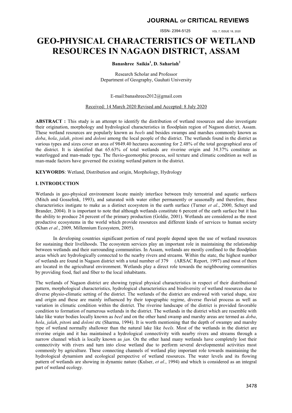 Geo-Physical Characteristics of Wetland Resources in Nagaon District, Assam