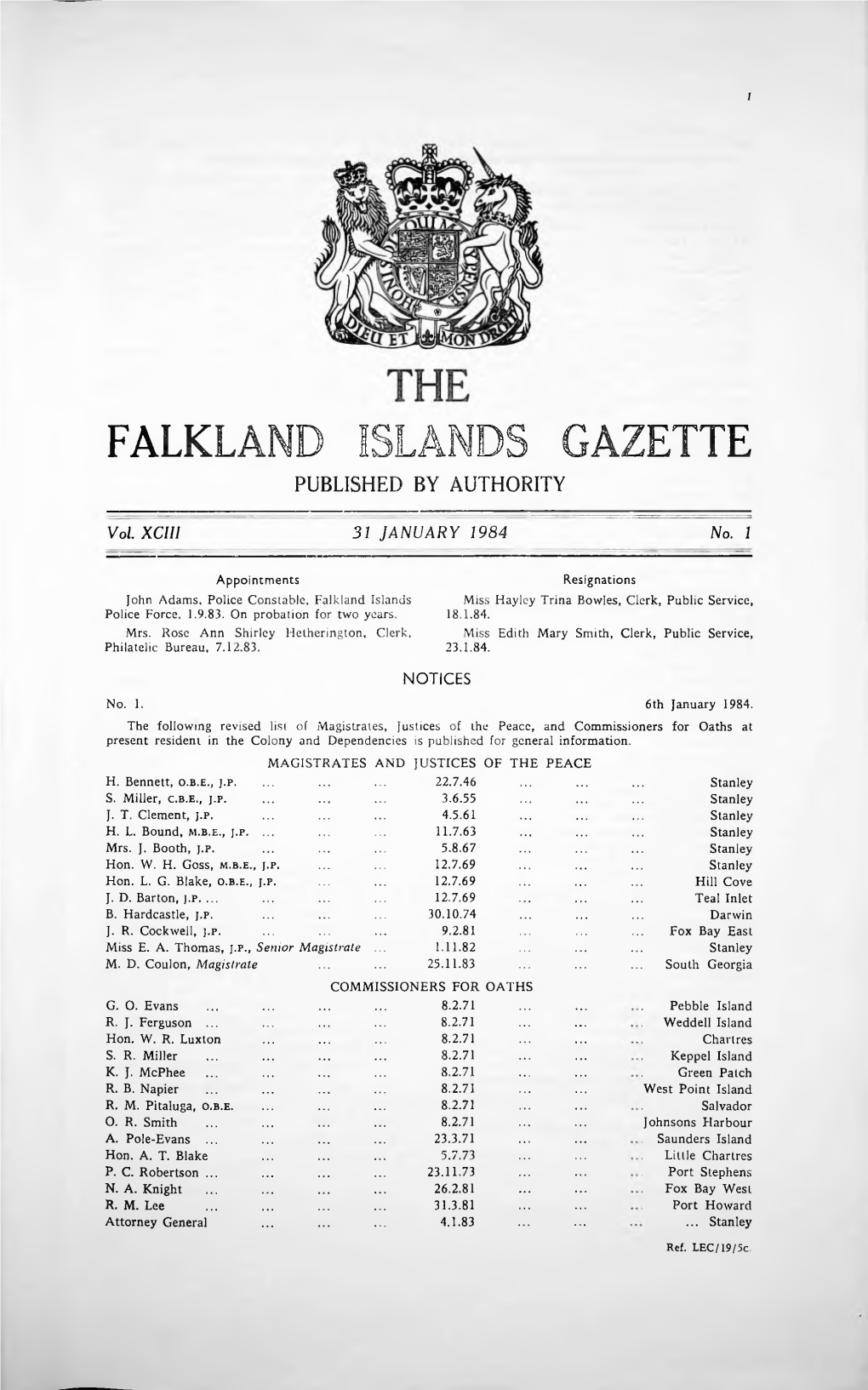 Falkland Islands Gazette Published by Authority