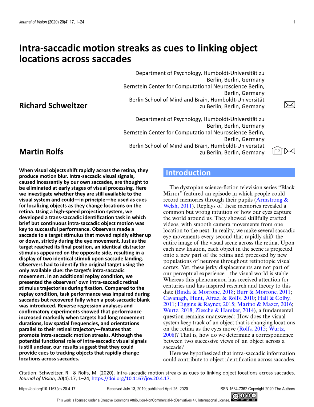 Intra-Saccadic Motion Streaks As Cues to Linking Object Locations Across