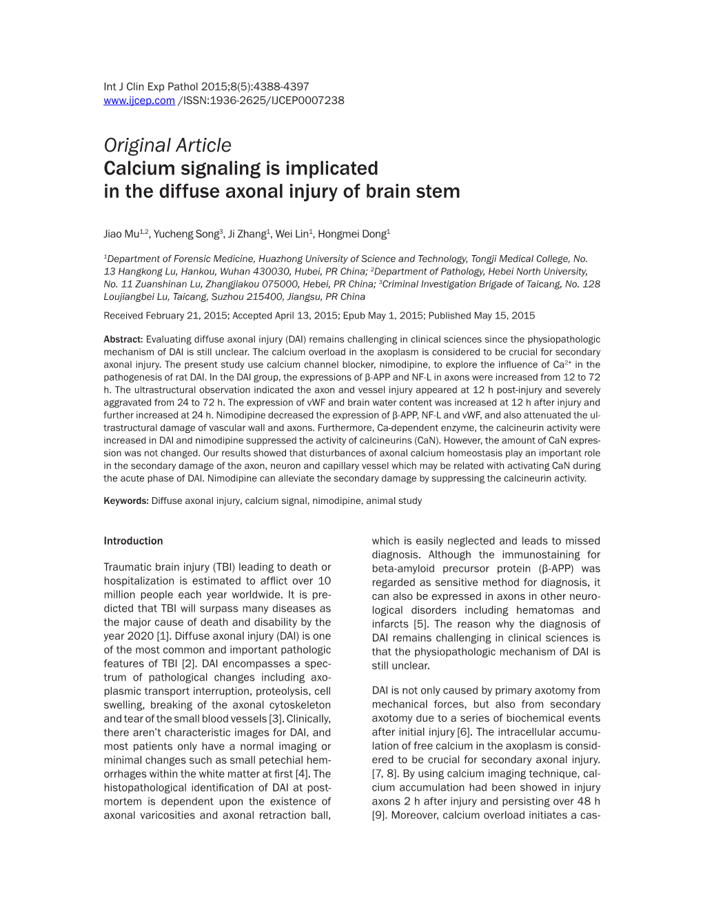 Original Article Calcium Signaling Is Implicated in the Diffuse Axonal Injury of Brain Stem