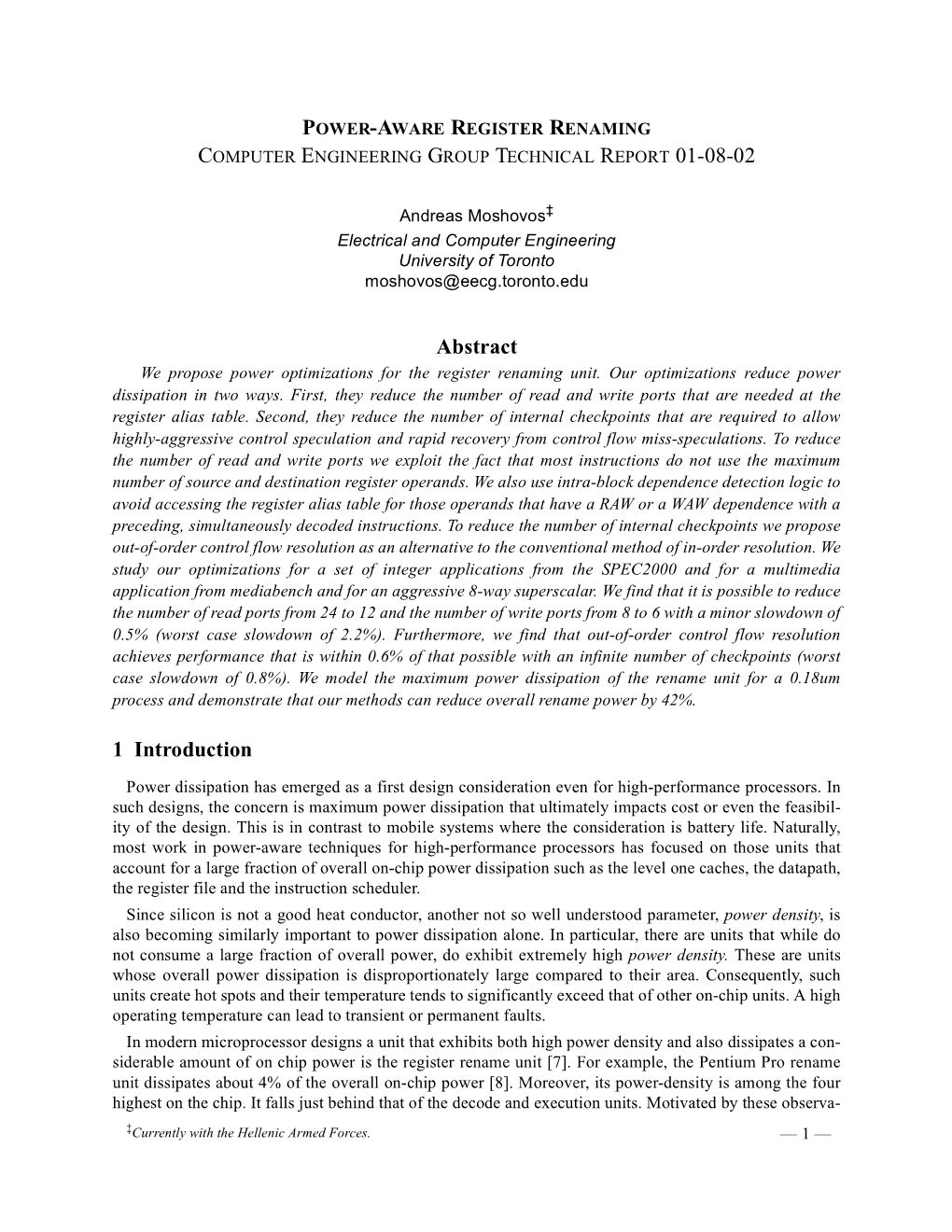 Power-Aware Register Renaming Computer Engineering Group Technical Report 01-08-02