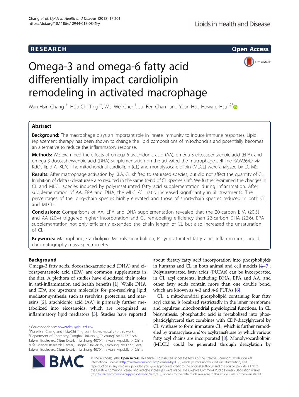 Omega-3 and Omega-6 Fatty Acid Differentially Impact Cardiolipin