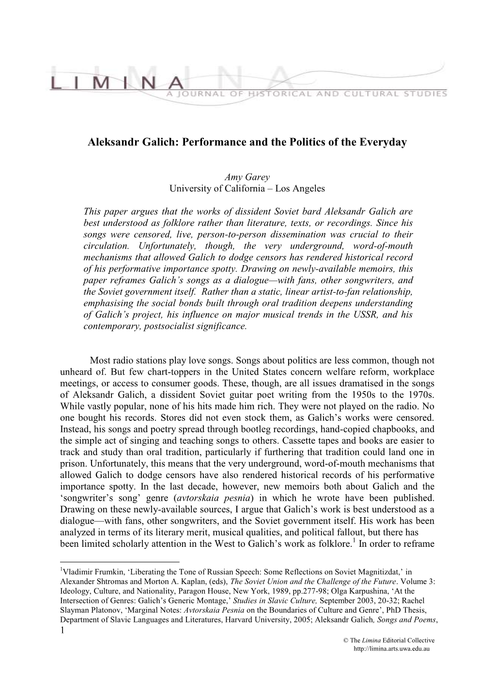 Aleksandr Galich: Performance and the Politics of the Everyday