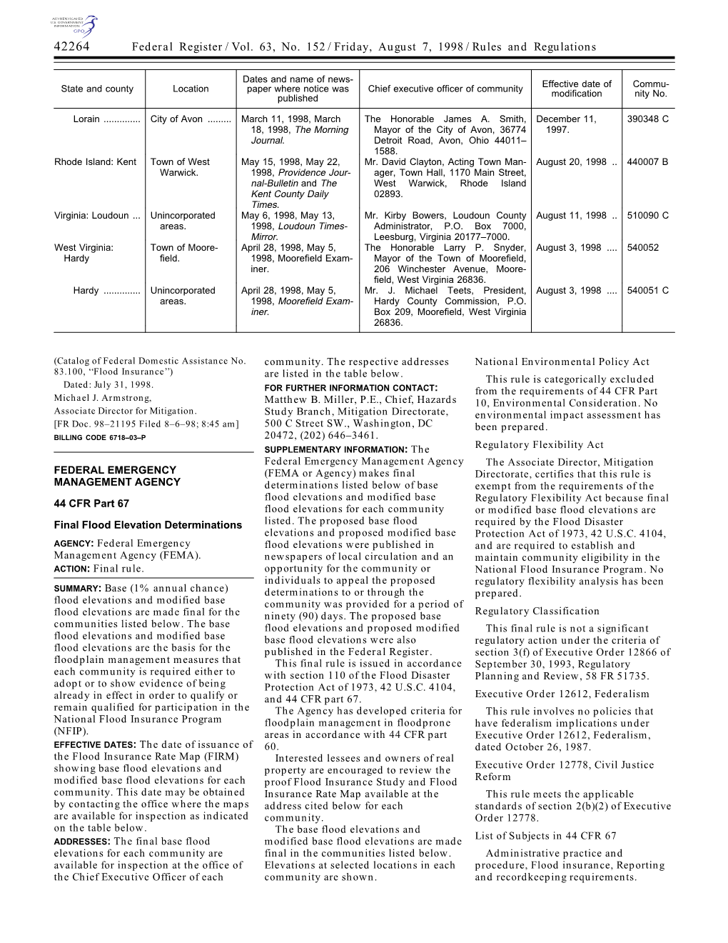 Federal Register/Vol. 63, No. 152/Friday, August 7, 1998/Rules And