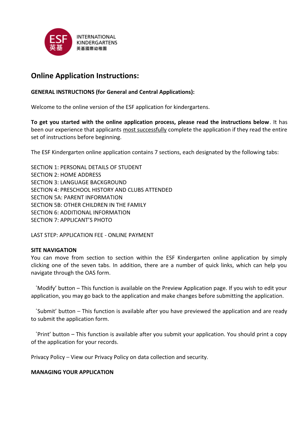 ESF Online Application Instructions