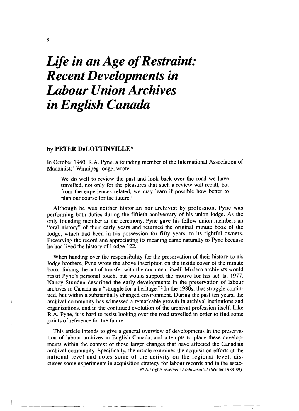 Life in an Age of Restraint: Recent Developments in Labour Union Archives in English Canada
