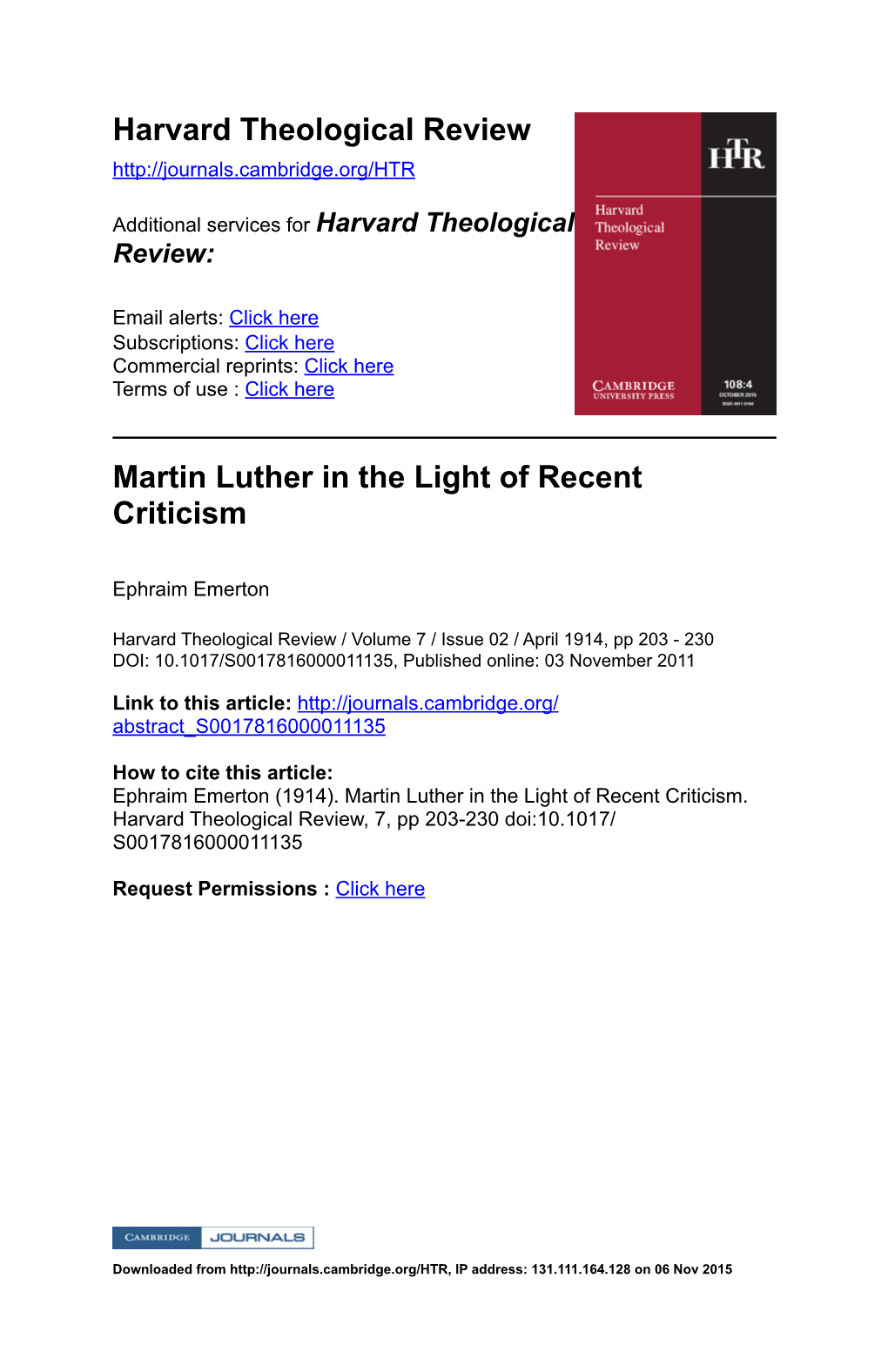 Harvard Theological Review Martin Luther in the Light of Recent Criticism