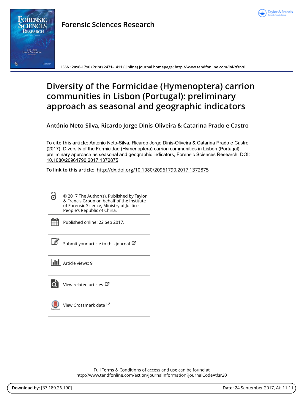 Diversity of the Formicidae (Hymenoptera) Carrion Communities in Lisbon (Portugal): Preliminary Approach As Seasonal and Geographic Indicators