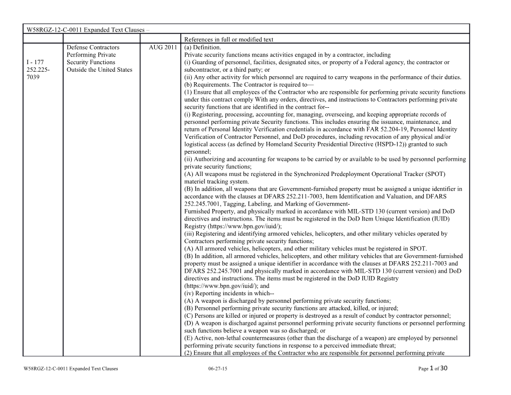 W58RGZ-12-C-0011 Expanded Text Clauses 06-27-15 Page 1 of 27