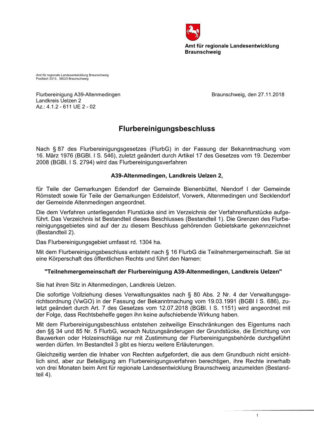 Flurbereinigungsbeschluss A39-Altenmedingen Mit Den