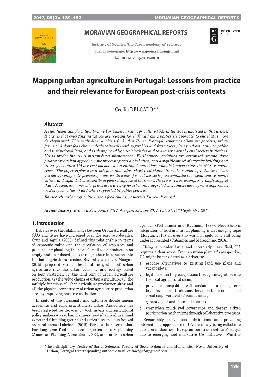 Mapping Urban Agriculture in Portugal: Lessons from Practice and Their Relevance for European Post-Crisis Contexts