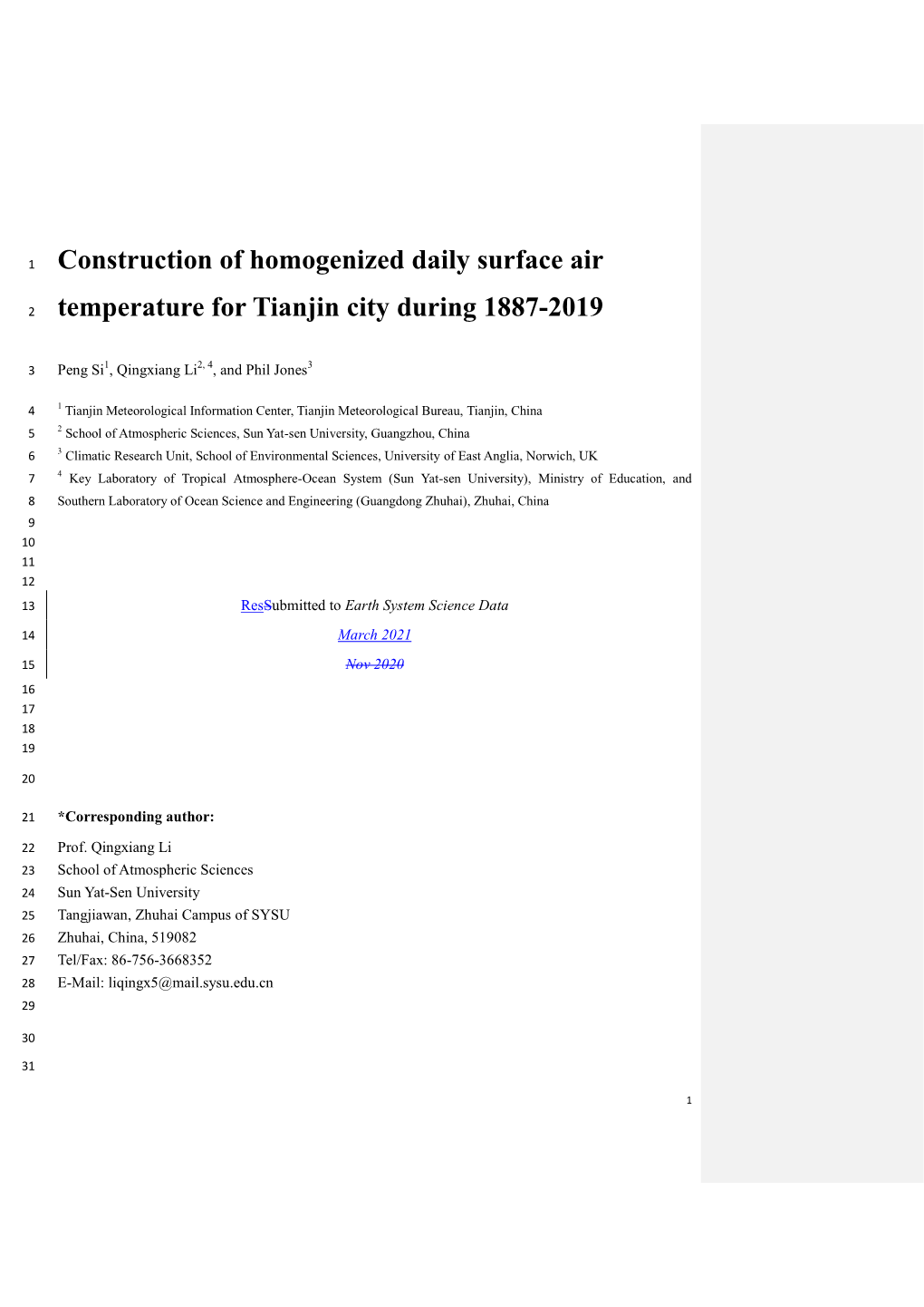 Construction of Homogenized Daily Surface Air Temperature for Tianjin City During 1887-2019