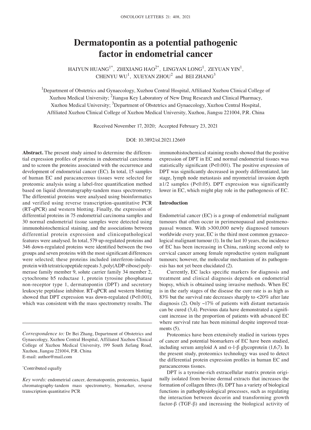 Dermatopontin As a Potential Pathogenic Factor in Endometrial Cancer