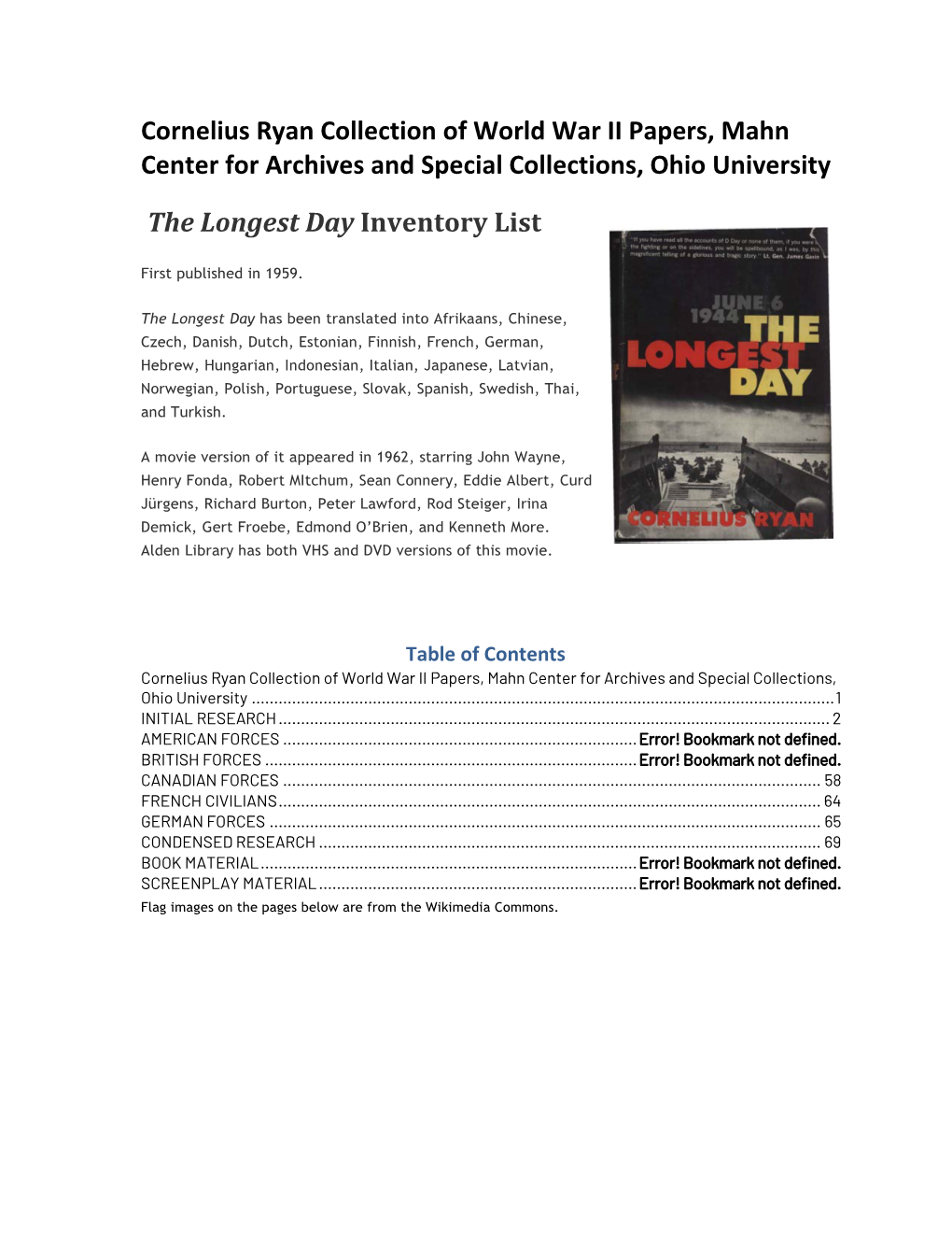 Cornelius Ryan Collection of World War II Papers, Mahn Center for Archives and Special Collections, Ohio University