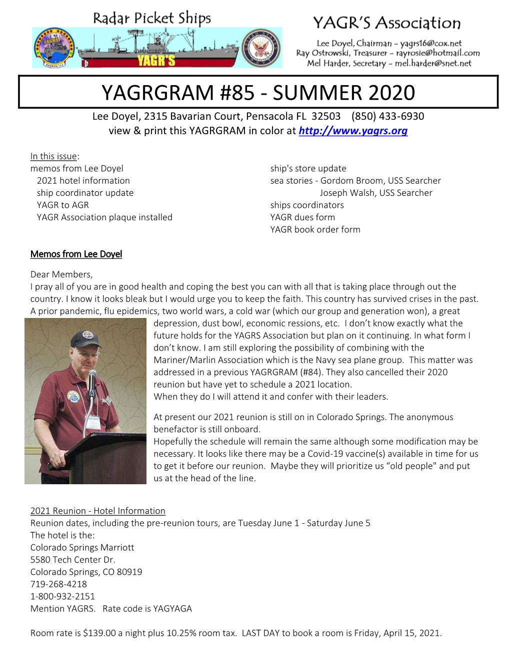 YAGRGRAM #85 - SUMMER 2020 Lee Doyel, 2315 Bavarian Court, Pensacola FL 32503 (850) 433-6930 View & Print This YAGRGRAM in Color At