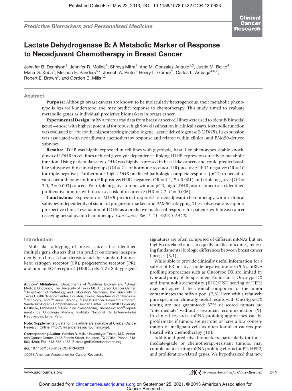 Lactate Dehydrogenase B: a Metabolic Marker of Response to Neoadjuvant Chemotherapy in Breast Cancer