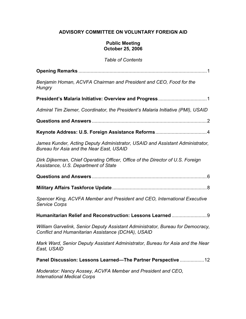 USAID ACVFA: Public Meeting October 25, 2006