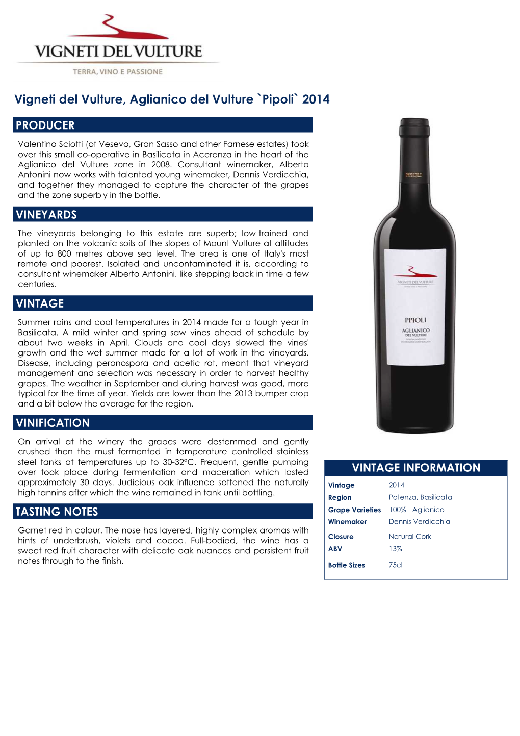 Vigneti Del Vulture, Aglianico Del Vulture `Pipoli` 2014