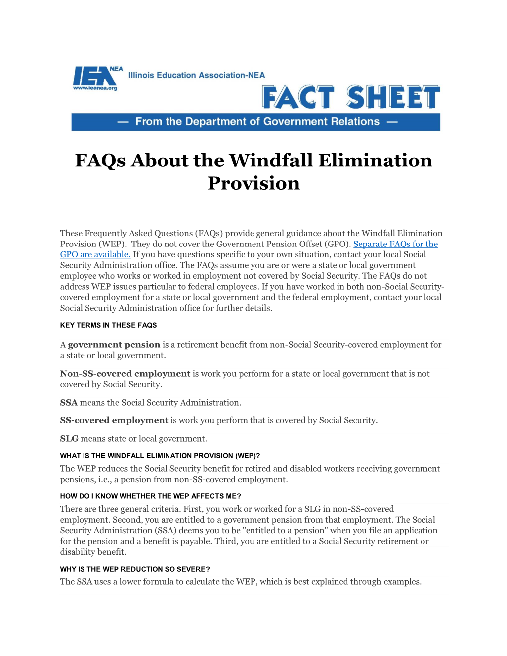 Faqs About the Windfall Elimination Provision