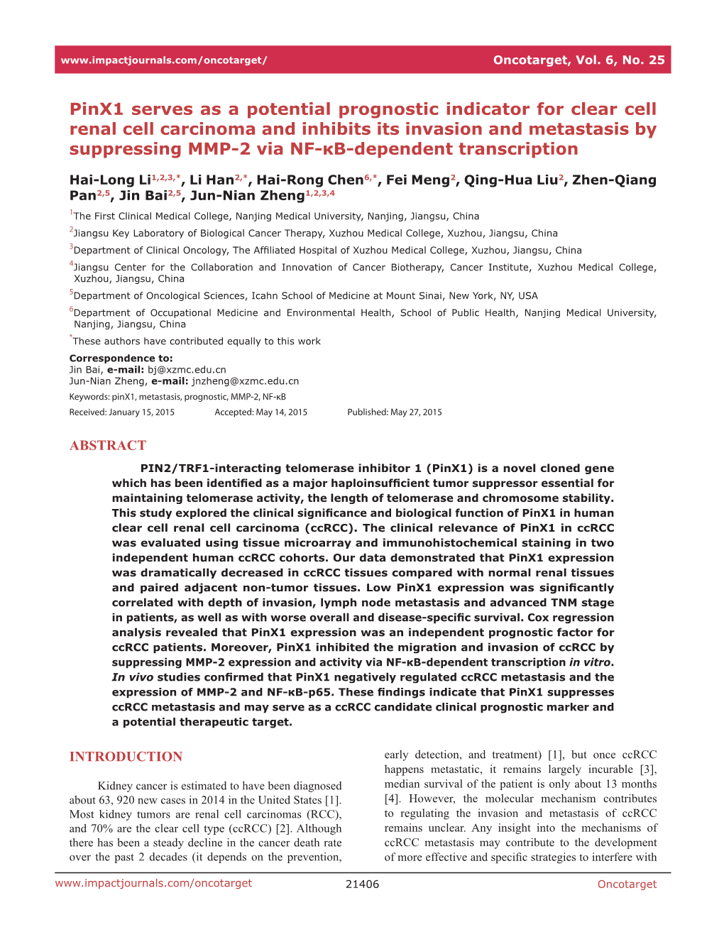 Pinx1 Serves As a Potential Prognostic Indicator for Clear Cell Renal Cell