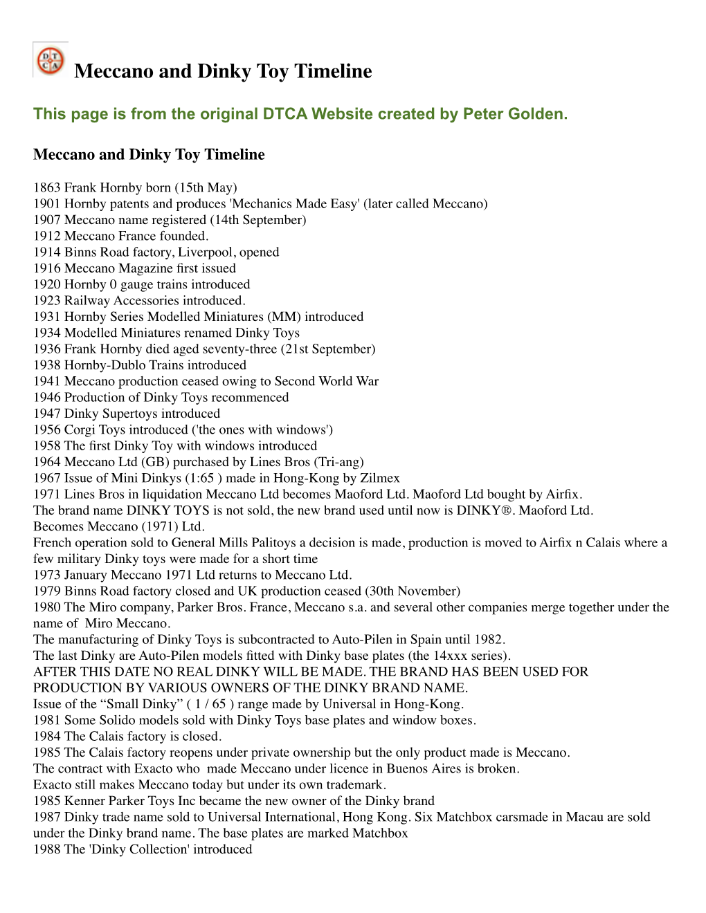 Meccano and Dinky Toy Timeline