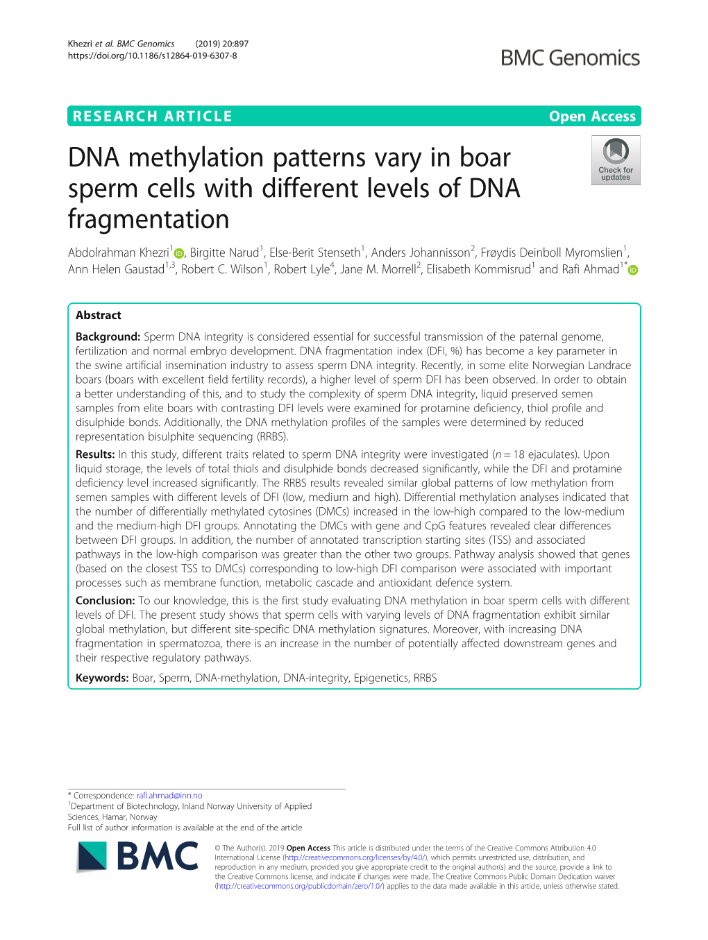 DNA Methylation Patterns Vary in Boar Sperm Cells with Different Levels Of