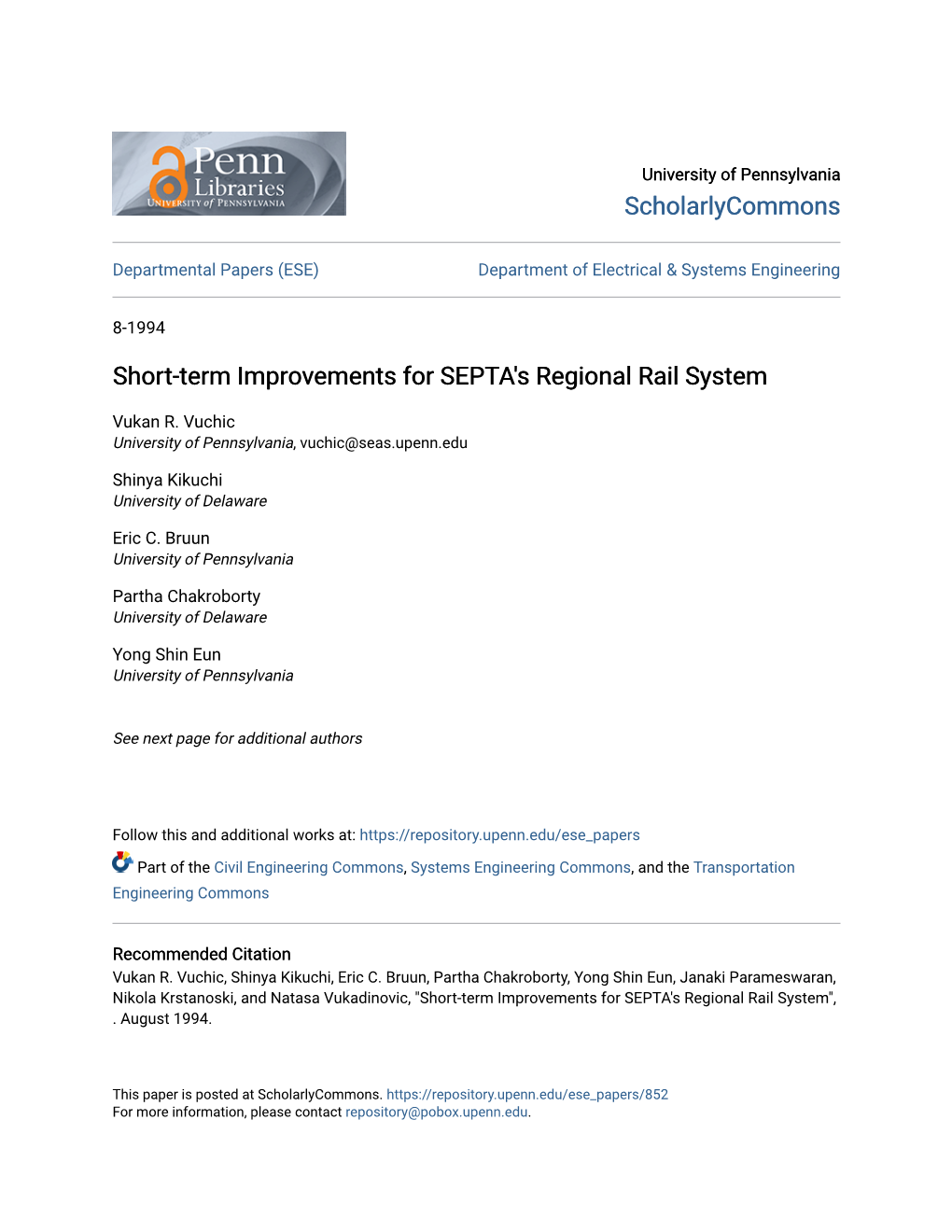 Short-Term Improvements for SEPTA's Regional Rail System