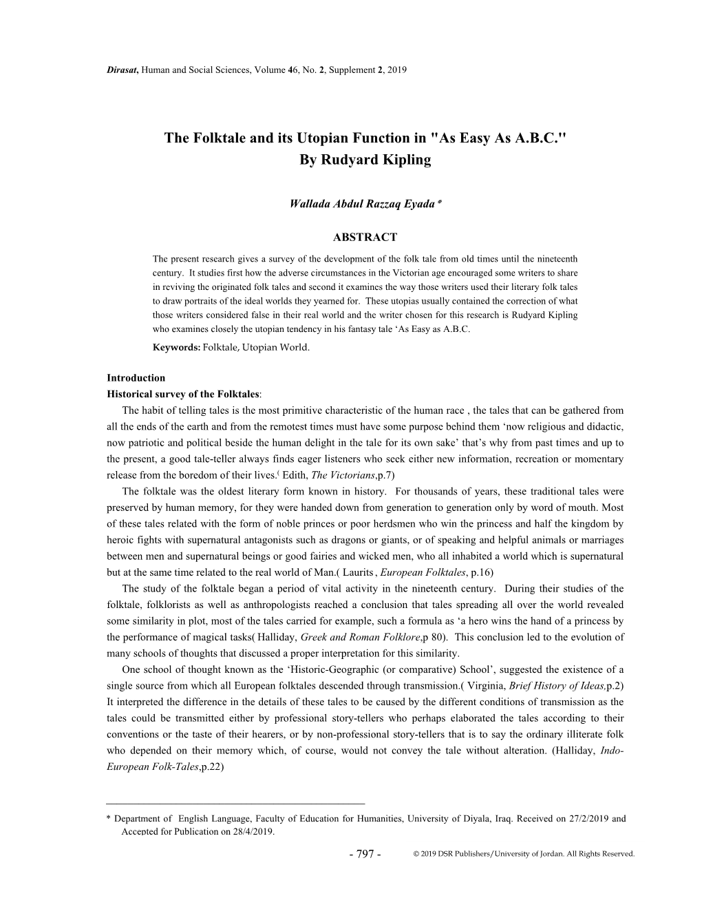 The Folktale and Its Utopian Function in "As Easy As A.B.C.'' by Rudyard Kipling