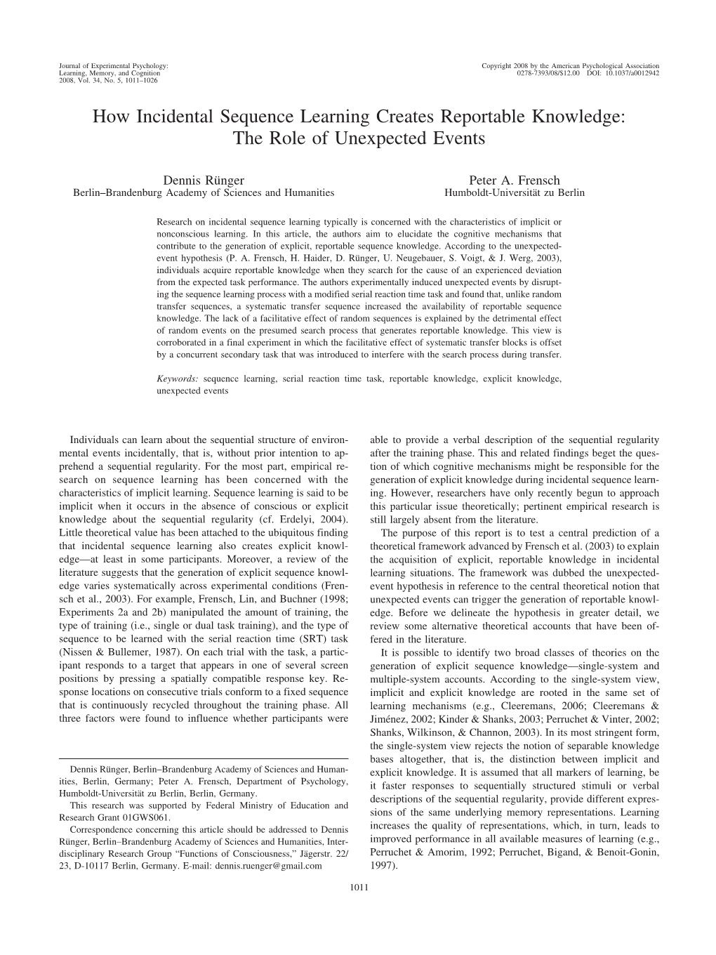 How Incidental Sequence Learning Creates Reportable Knowledge: the Role of Unexpected Events