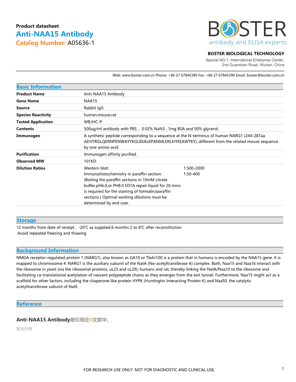 Datasheet A05636-1 Anti-NAA15 Antibody