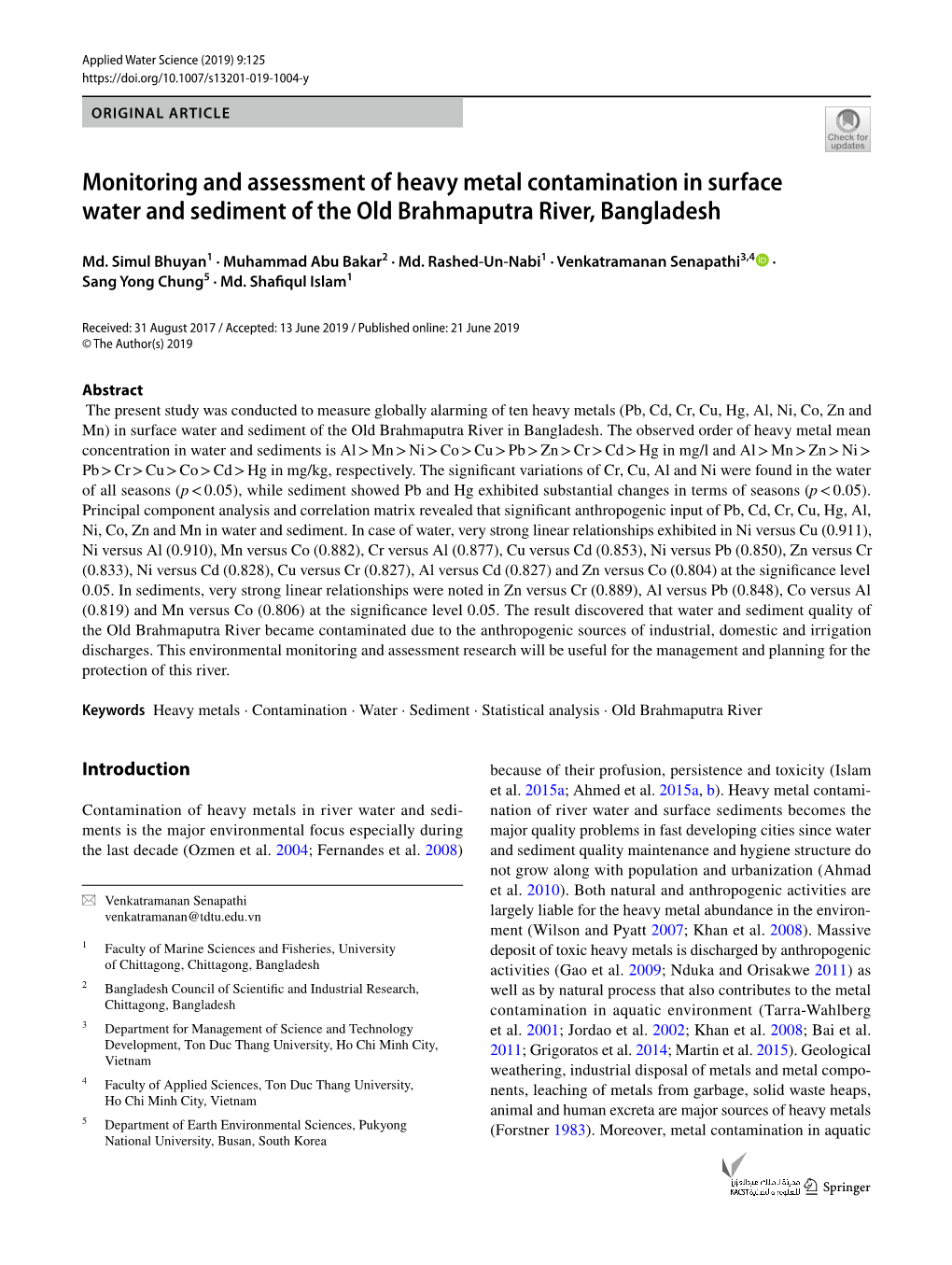 Monitoring and Assessment of Heavy Metal Contamination in Surface Water and Sediment of the Old Brahmaputra River, Bangladesh