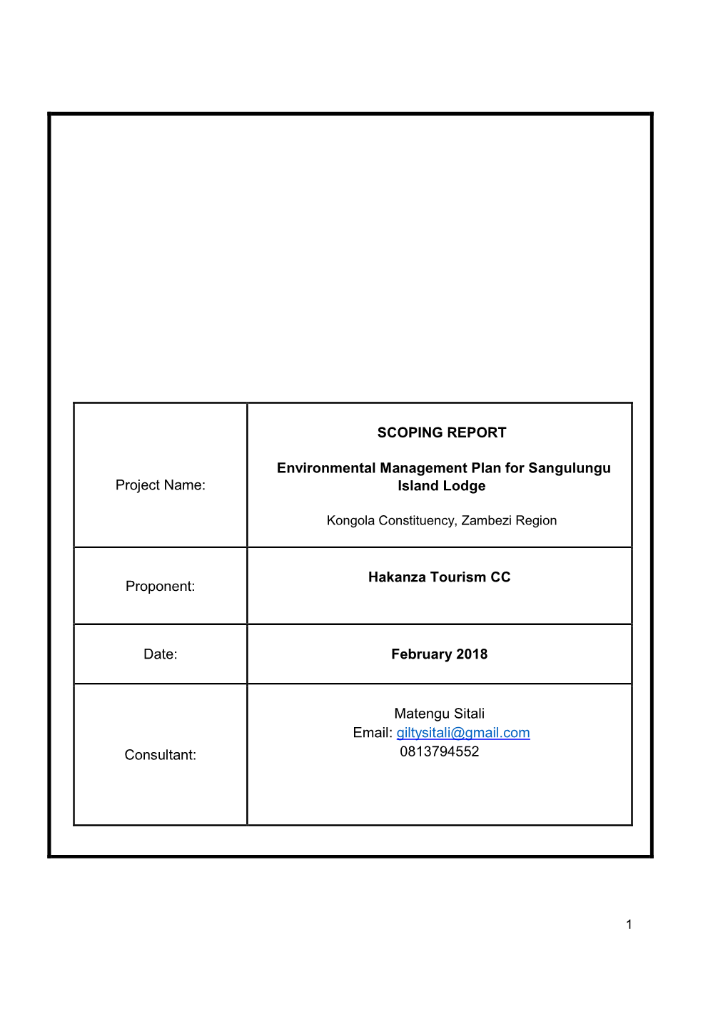 SCOPING REPORT Environmental Management Plan for Sangulungu