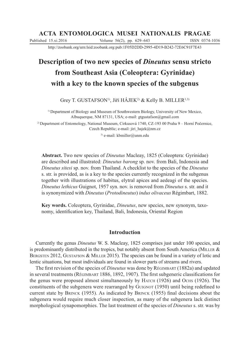 Description of Two New Species of Dineutus Sensu Stricto from Southeast Asia (Coleoptera: Gyrinidae) with a Key to the Known Species of the Subgenus