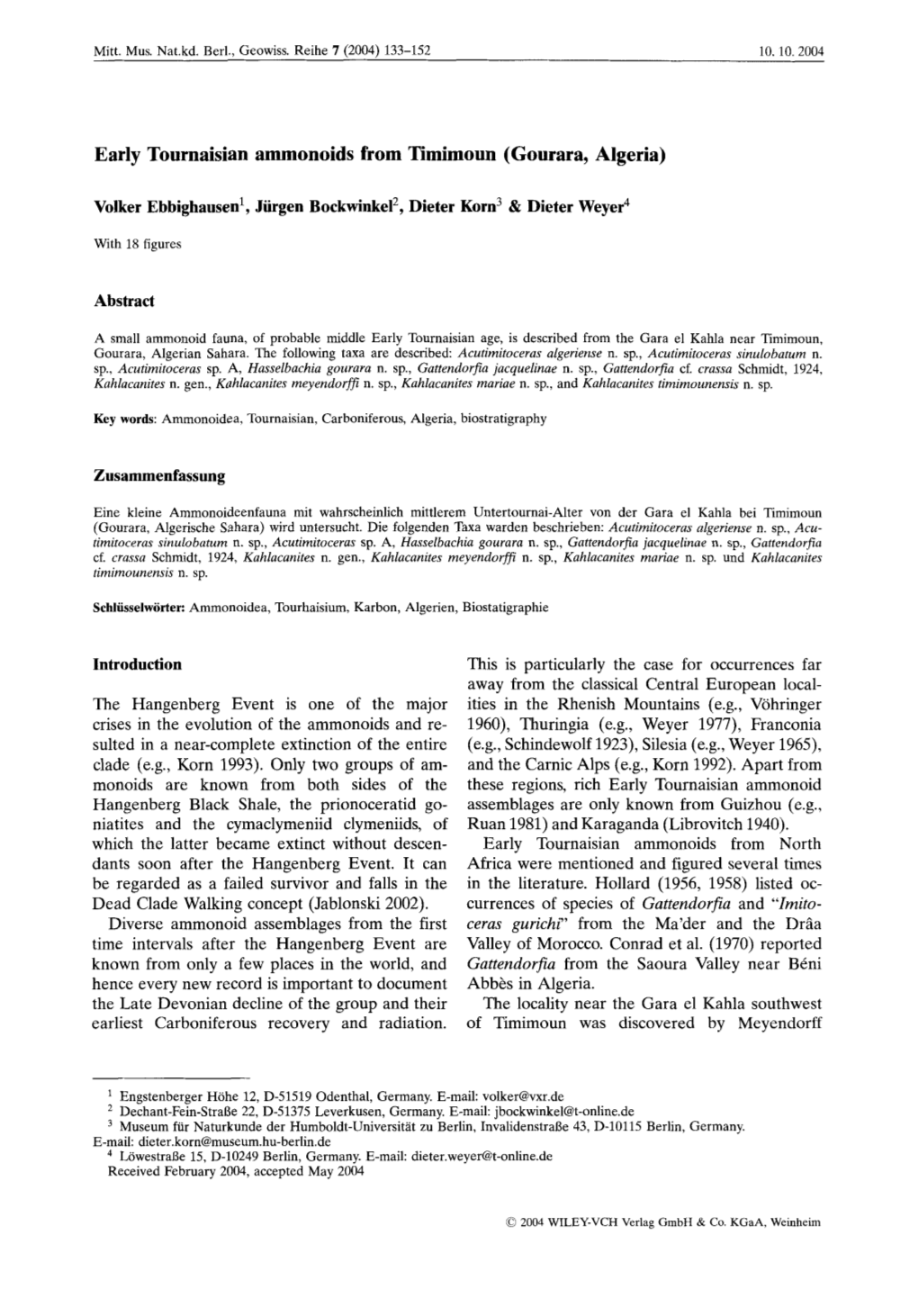 Early Tournaisian Ammonoids from Timimoun (Gourara, Algeria)