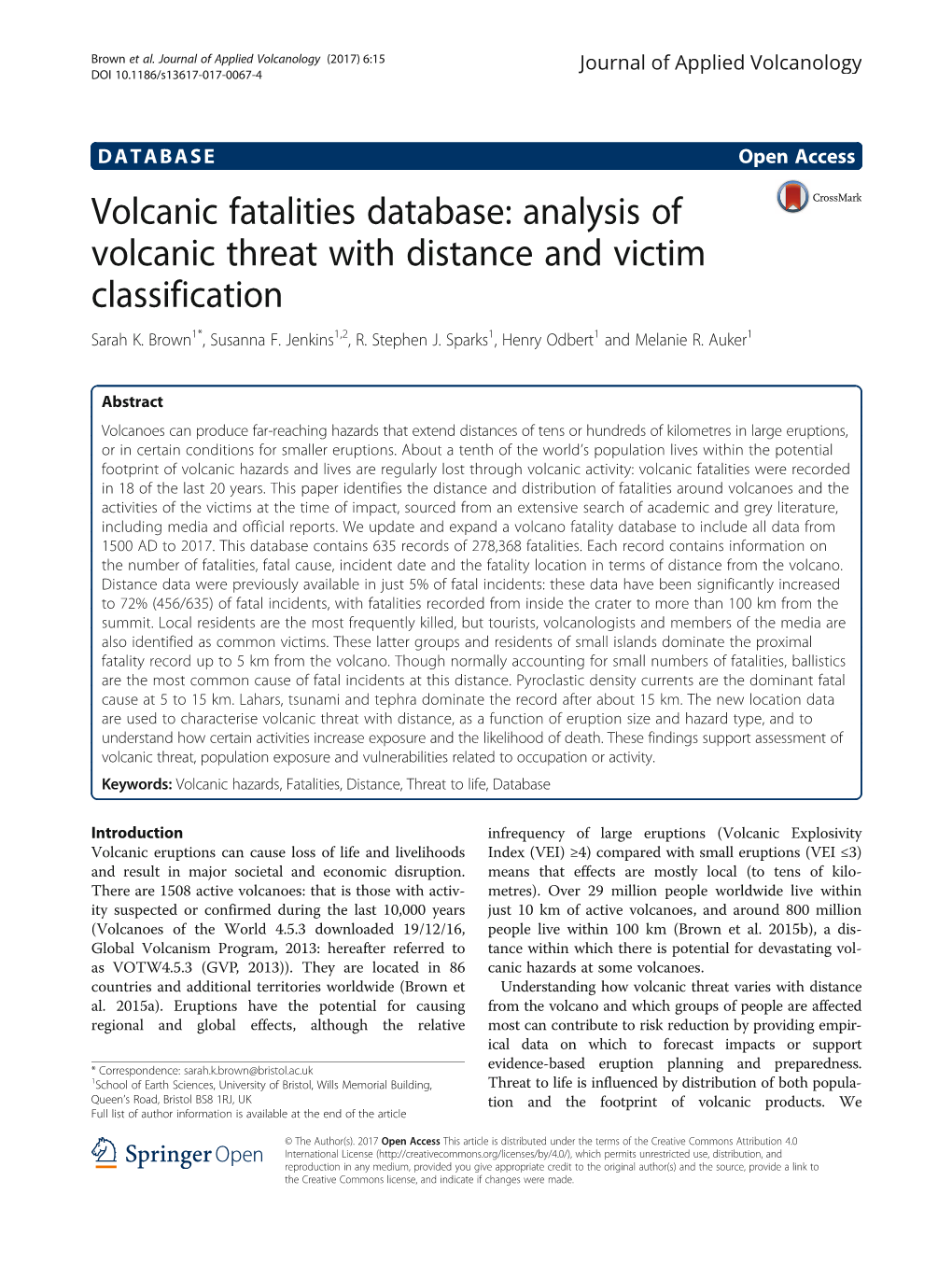 Volcanic Fatalities Database: Analysis of Volcanic Threat with Distance and Victim Classification Sarah K