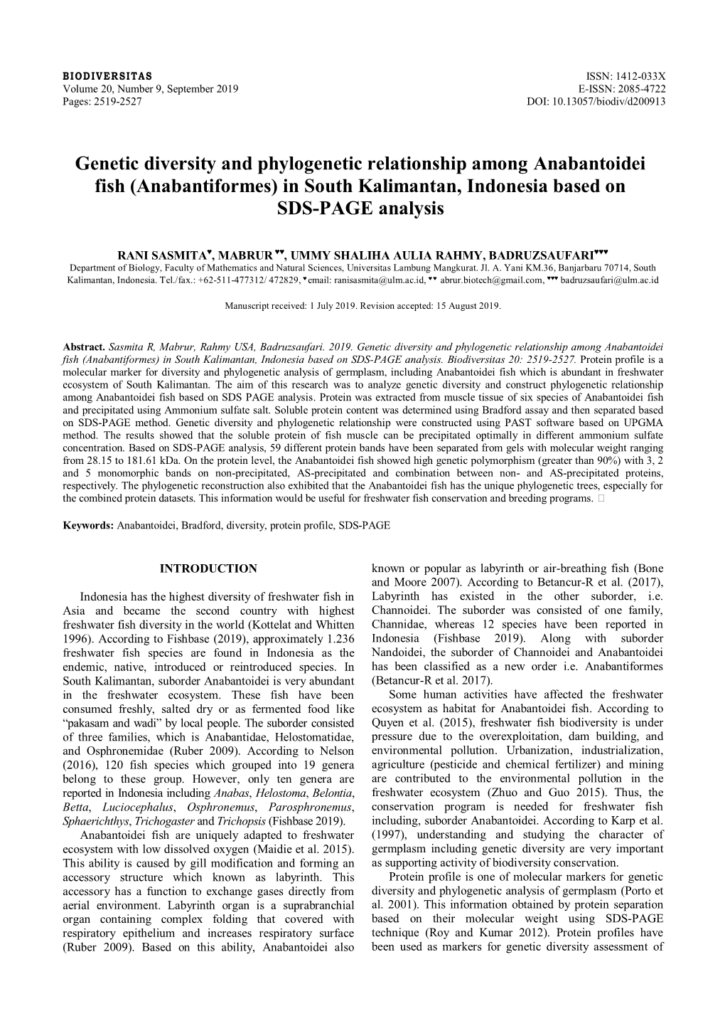 Genetic Diversity and Phylogenetic Relationship Among Anabantoidei Fish (Anabantiformes) in South Kalimantan, Indonesia Based on SDS-PAGE Analysis