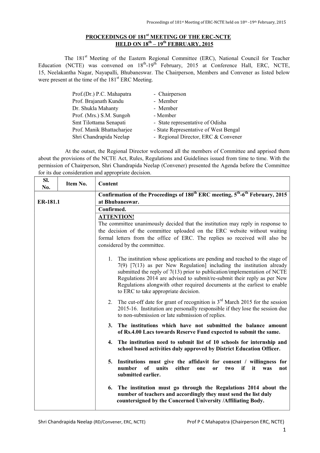 Proceedings of 181St Meeting of ERC-NCTE Held on 18Th -19Th February, 2015