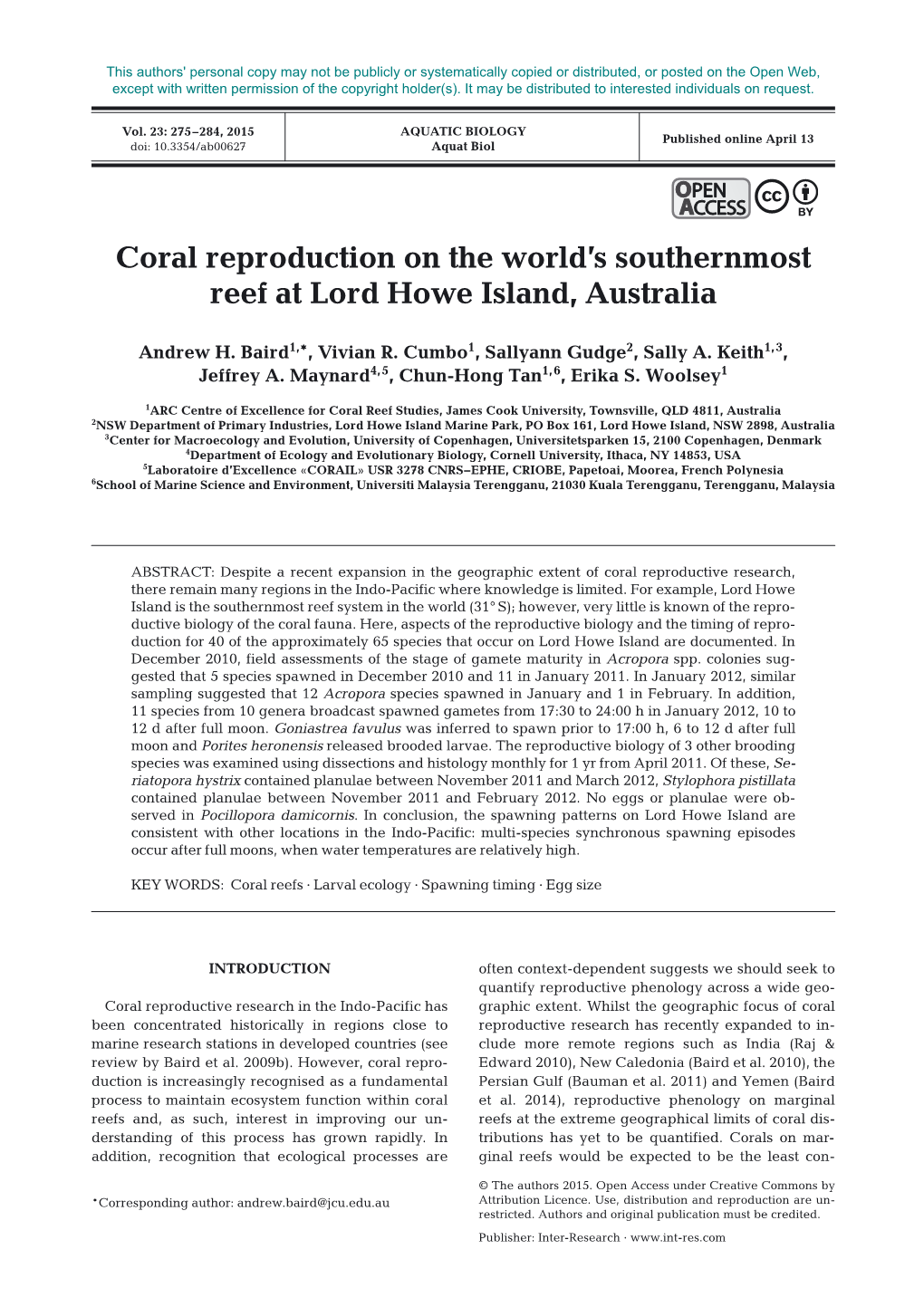 Coral Reproduction on the World's Southernmost Reef at Lord Howe