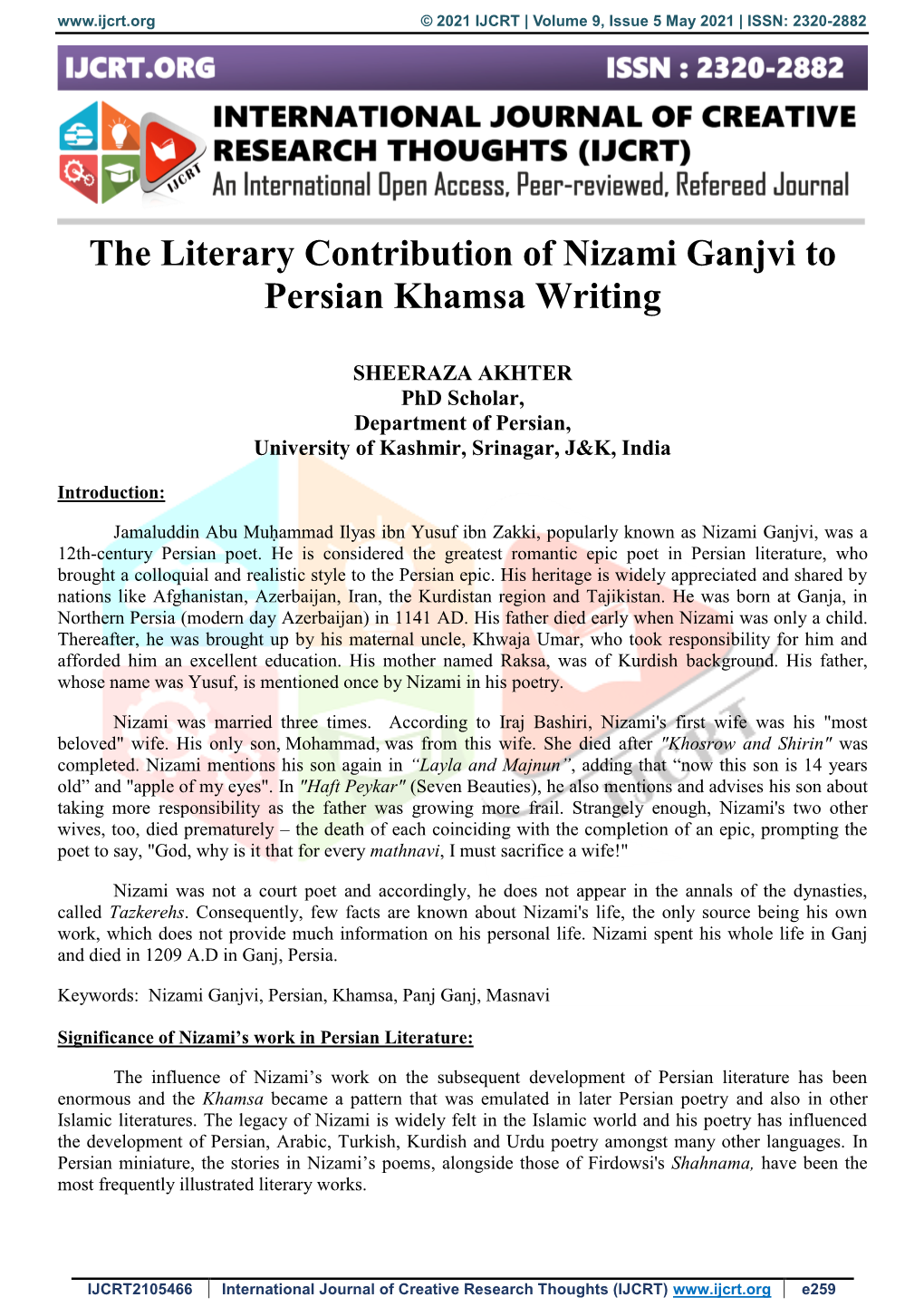 The Literary Contribution of Nizami Ganjvi to Persian Khamsa Writing