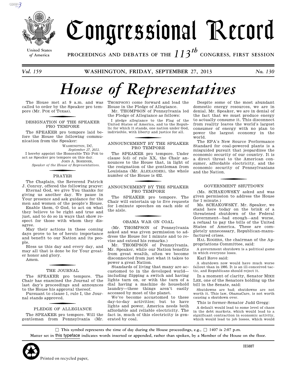 Congressional Record United States Th of America PROCEEDINGS and DEBATES of the 113 CONGRESS, FIRST SESSION