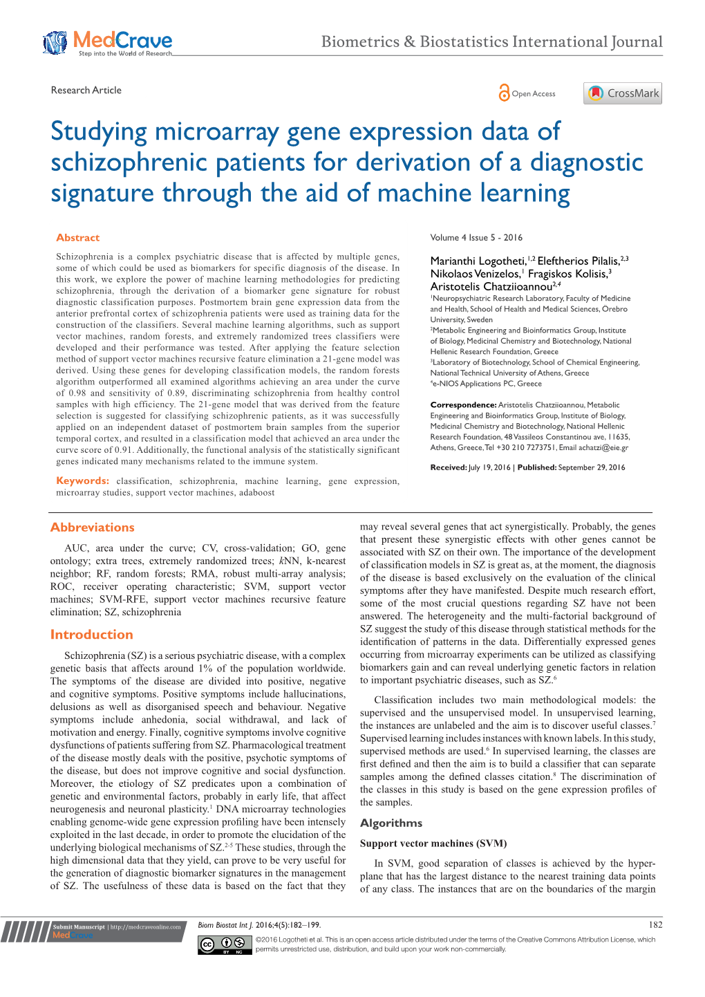 Studying Microarray Gene Expression Data of Schizophrenic Patients for Derivation of a Diagnostic Signature Through the Aid of Machine Learning