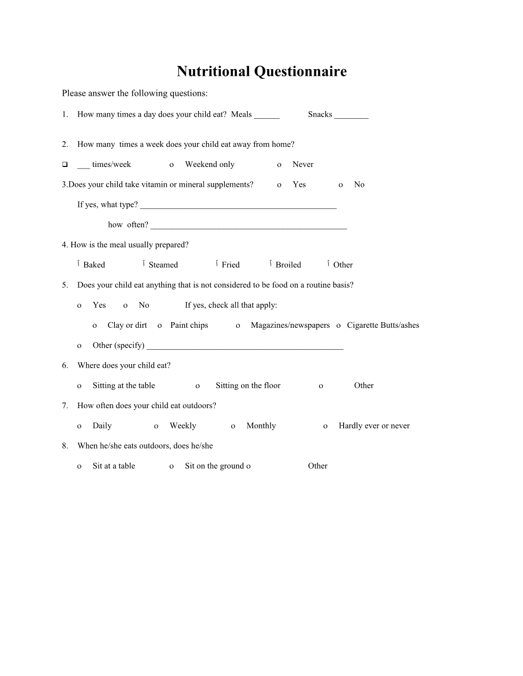 Nutritional Questionnaire