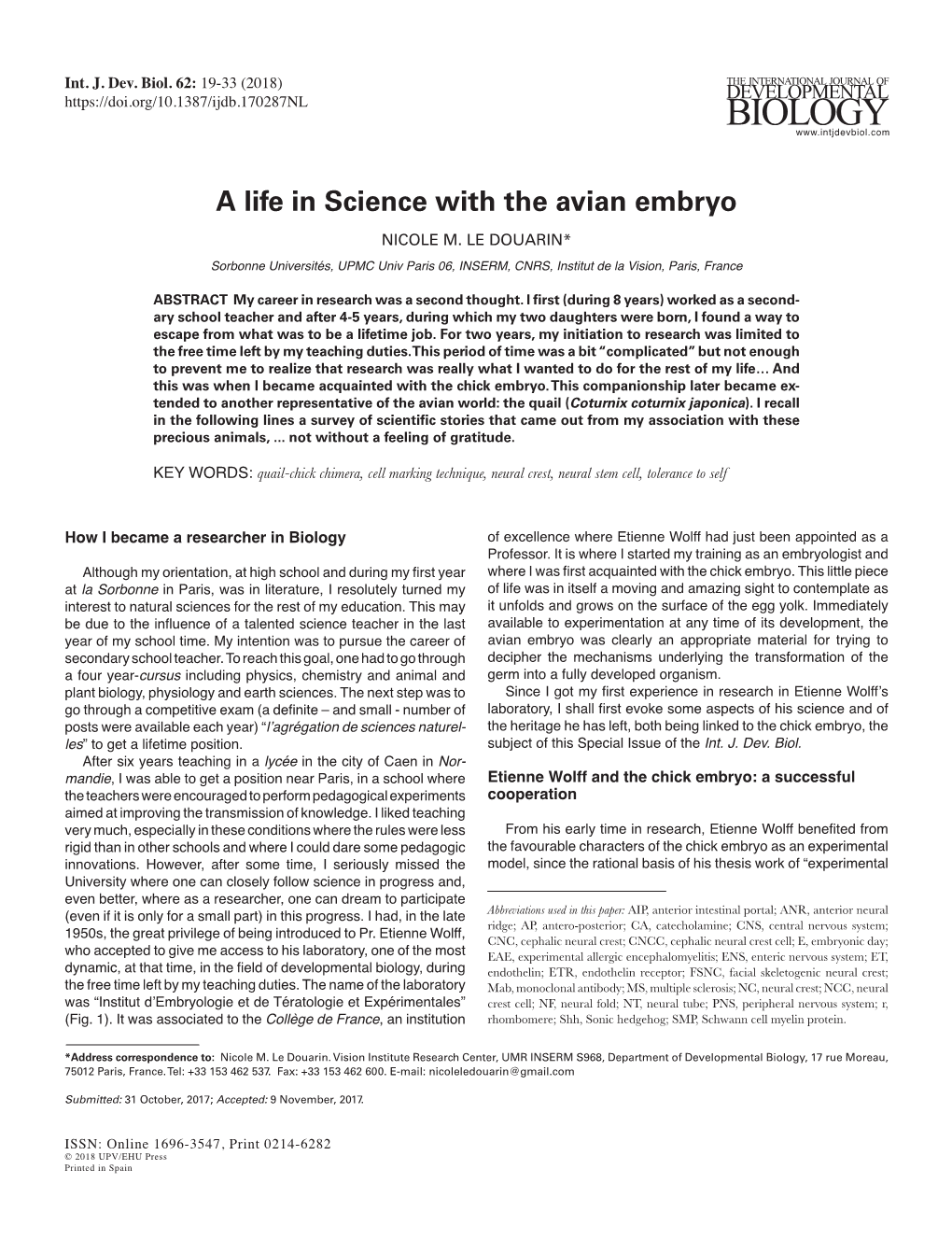 A Life in Science with the Avian Embryo NICOLE M