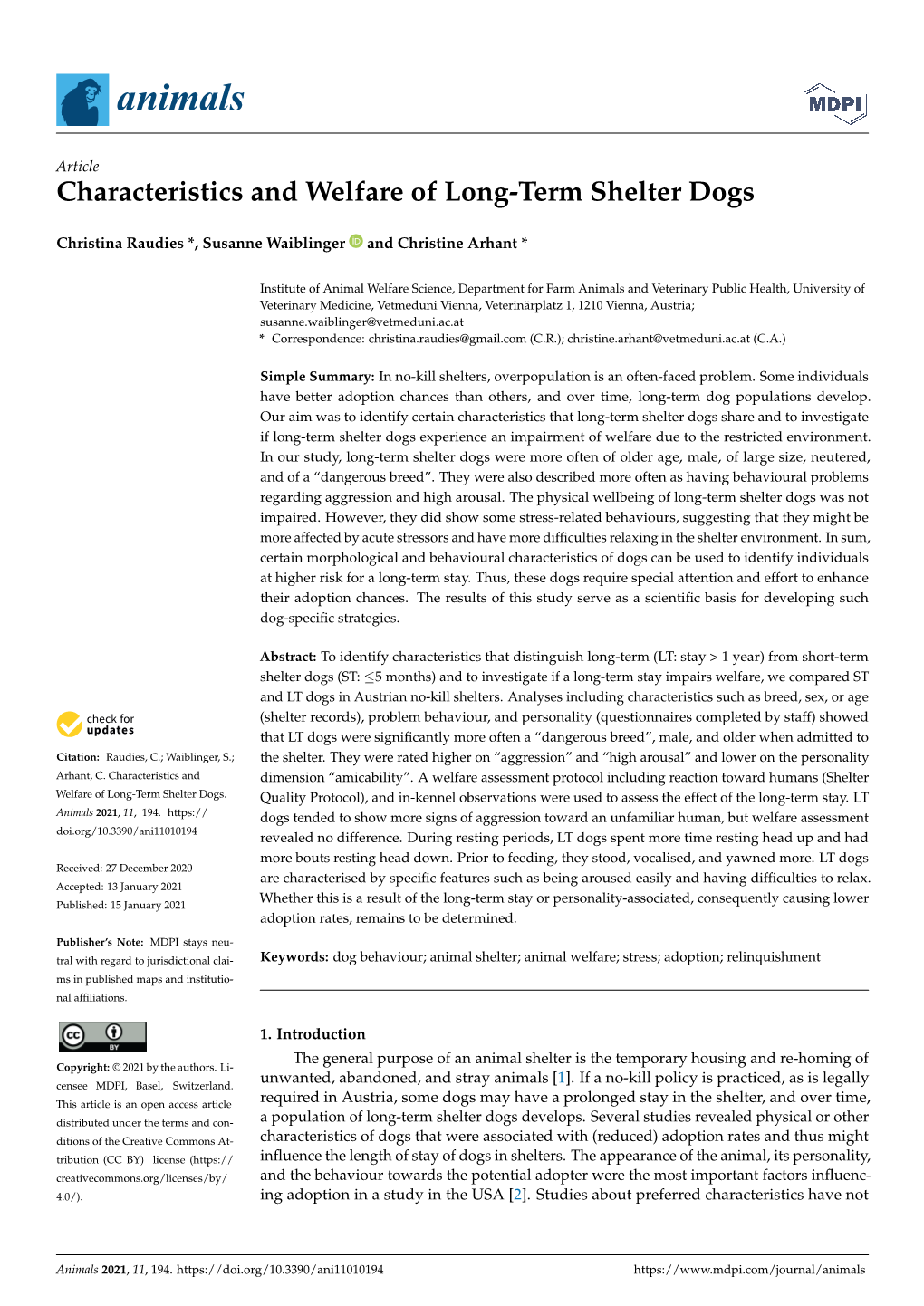 Characteristics and Welfare of Long-Term Shelter Dogs